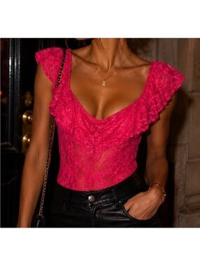 Women’s Vintage Seductions Y2K Ruffled Lace Bodysuit Hot Pink Festival Rave Club
